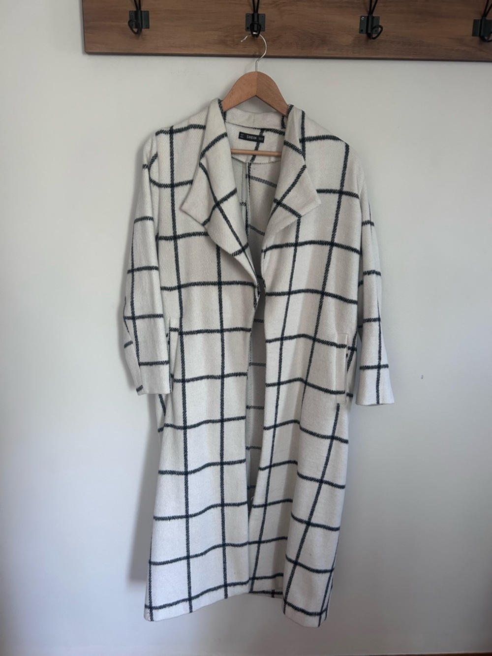 SHEIN Cream and Black Windowpane Duster Coat